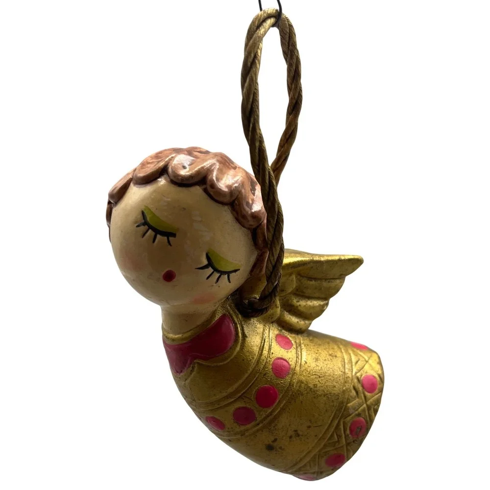 Vintage Mid Century‎ Flying Angel Christmas Ornament Gold Dress an Cord Japan